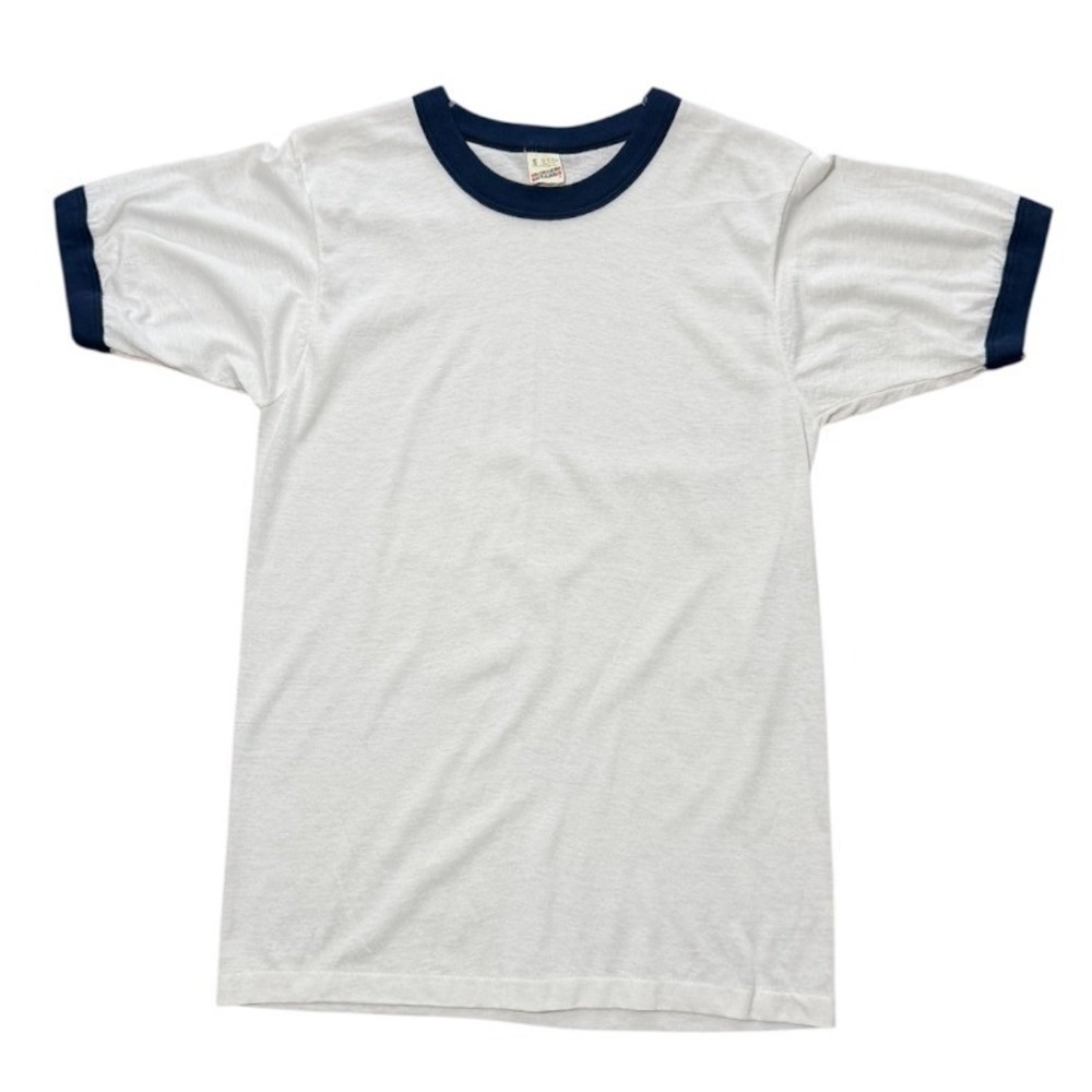 Vintage 80s Screen Stars Basic Blank White Navy Single Stitch USA Ringer T-shirt
